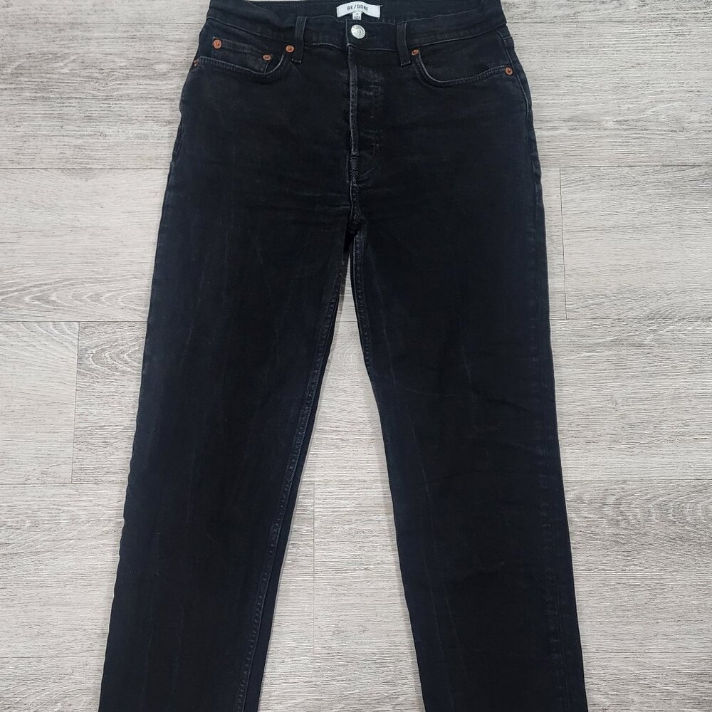 Re/Done High Rise Ankle Cropped Button Fly Frayed Hem Black Jeans Women's 29